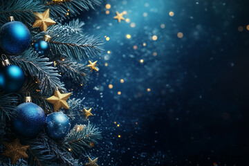 Elegant Christmas and New Year Banner with Blue Baubles, Golden Stars, Frosted Pine Branches, and Festive Holiday Copy Space for Seasonal Invitations and Web Design


