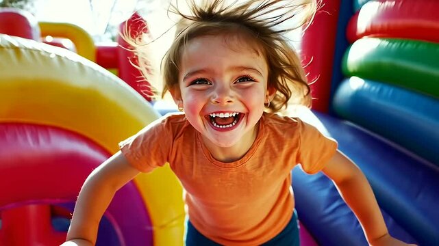 Happy Girl Jumping on Inflatable Castle with Colorful Background