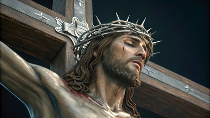 Fototapeta premium The dark background depicts Jesus on the cross. His head is adorned with a metal crown of thorns, and each part of the composition has a chromed, mirrored surface.
