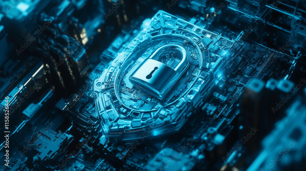 Poster abstract cyber security with padlock blue hud interface icon and circle technology future cyber back