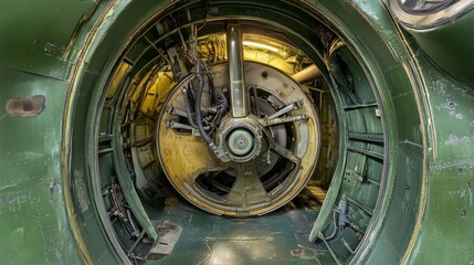 Fototapeta premium Airplane wheel compartment with mechanical components and hydraulic systems, essential for safe landing and takeoff. Precision engineering and aviation safety concepts.