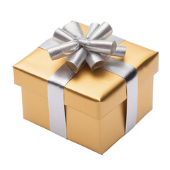 Elegant golden gift box with a silver ribbon and bow, perfect for celebrations, birthdays, anniversaries, holiday gifting, and special occasions, bringing joy and surprise.