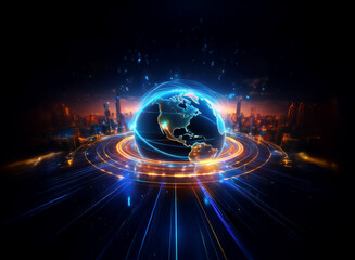 A glowing digital Earth, encircled by vibrant energy rings, sits amidst a futuristic cityscape at dawn.  The scene evokes themes of global connectivity and technological advancement.
