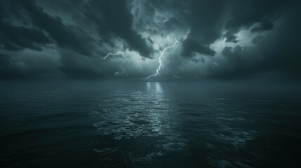 Dramatic lightning strike over dark ocean.