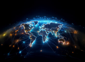 A glowing, interconnected world map, illustrating global communication networks and digital connectivity.  Light trails represent data flow across continents.
