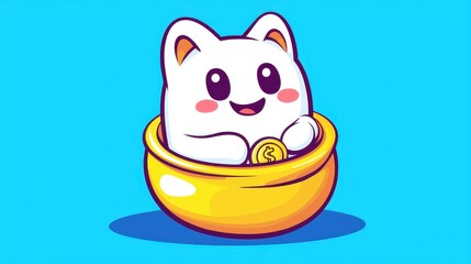 Fototapeta premium Cute Cartoon Cat Saving Money in Gold Bowl Finance Wealth Savings Adorable Childish Illustration