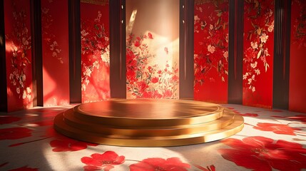 A round, golden podium surrounded by red floral motifs and festive Chinese banners, with open space for showcasing a product