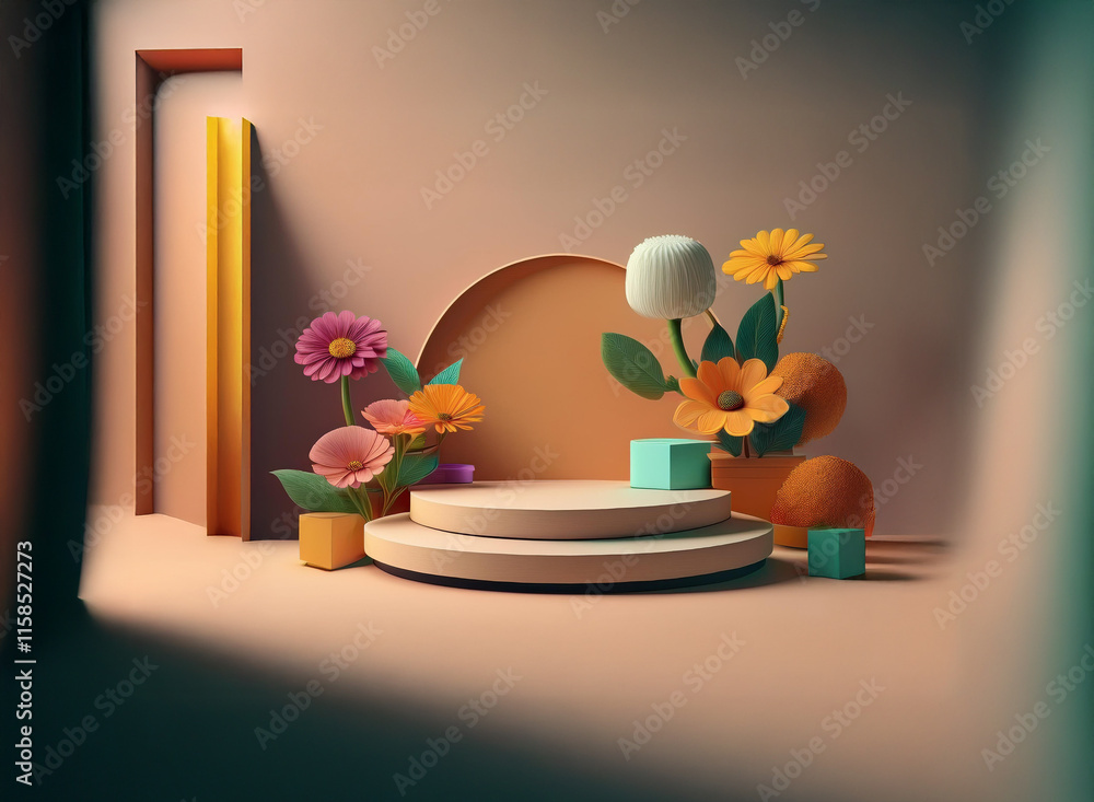 Poster a minimalist 3d rendering of a calm and serene scene. pastel colors and geometric shapes frame a flo