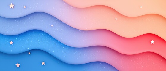 Presidents’ Day concept. Colorful wavy gradient background with stars, blending soft hues of blue, pink, and peach for a calming and artistic effect.
