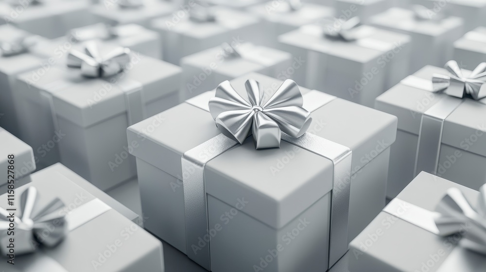 Poster a collection of neatly arranged white gift boxes with bows, creating a minimalist and elegant aesthe