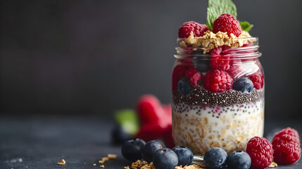 A mason jar filled with layers of overnight oats, chia seeds, almond milk, and mixed berries, topped with a sprinkle of gr