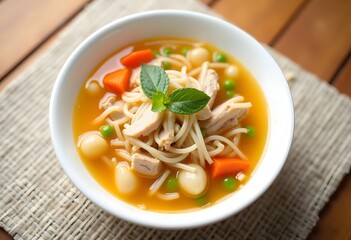 Asian soup noodles and chicken in bowl