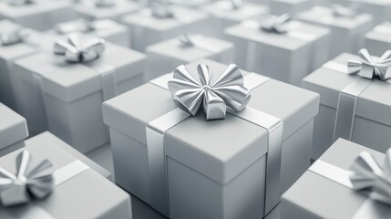 A collection of neatly arranged white gift boxes with bows, creating a minimalist and elegant aesthetic perfect for any celebration.