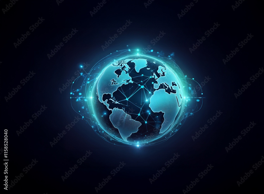 Poster a glowing, translucent earth encircled by a network of interconnected lines, symbolizing global conn