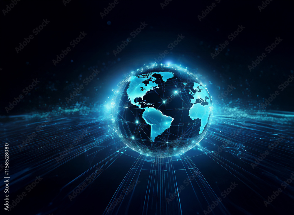 Poster a glowing, digital earth, pulsating with interconnected lines of light, floats above a futuristic, d