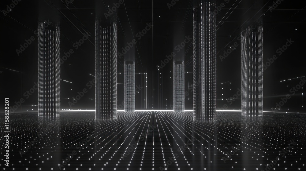 Poster a futuristic digital cityscape with tall, glowing structures and a grid-like floor, set against a da