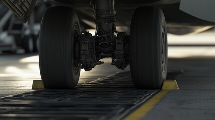 Airplane wheel compartment with mechanical components and hydraulic systems, essential for safe landing and takeoff. Precision engineering and aviation safety concepts.