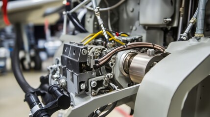 Fototapeta premium Airplane wheel compartment with mechanical components and hydraulic systems, essential for safe landing and takeoff. Precision engineering and aviation safety concepts.