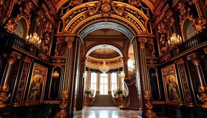 Obraz premium magnificent interior palace design with gold and black baroque style design generated by Ai