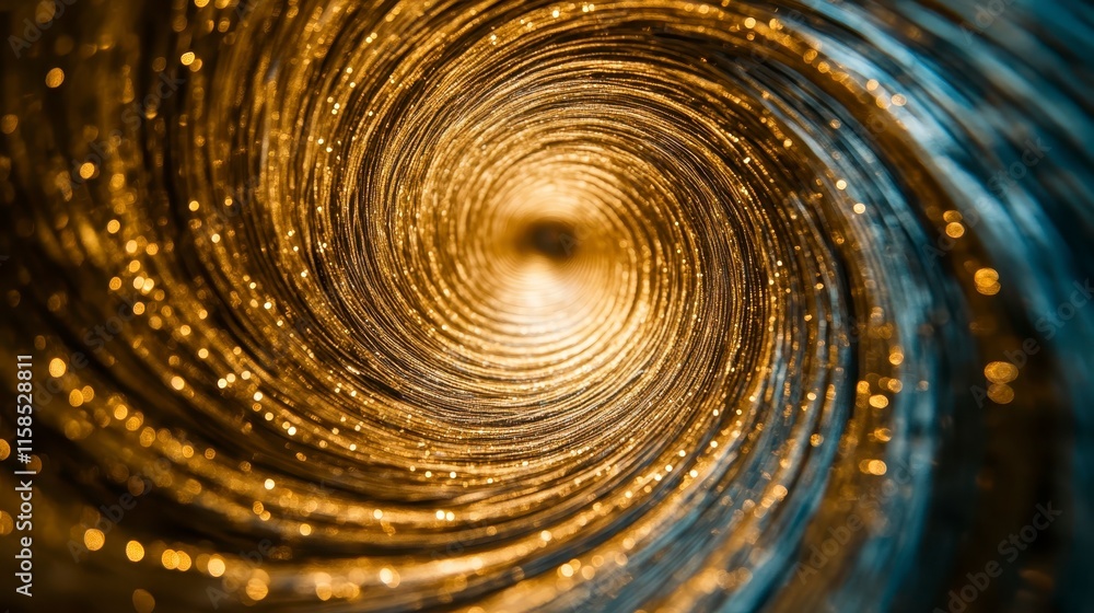 Poster a mesmerizing spiral of golden hues and shimmering particles, evoking a sense of depth and intrigue 