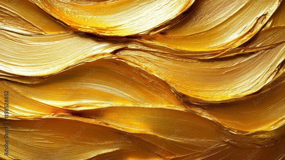 Poster a textured surface of golden paint strokes, creating a vibrant and fluid appearance.