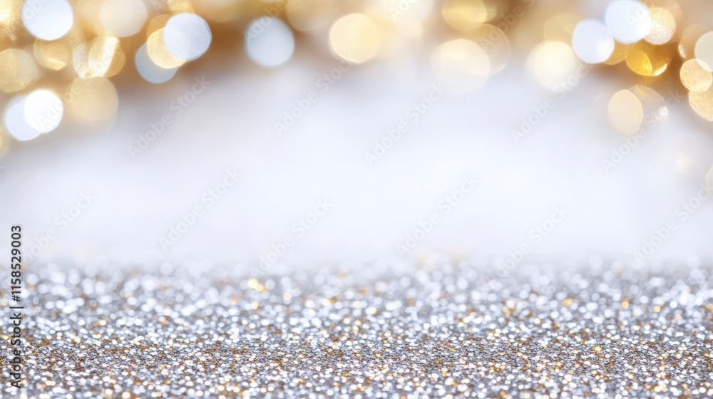Poster a shimmering silver surface sparkles under a golden bokeh background, creating a festive and enchant