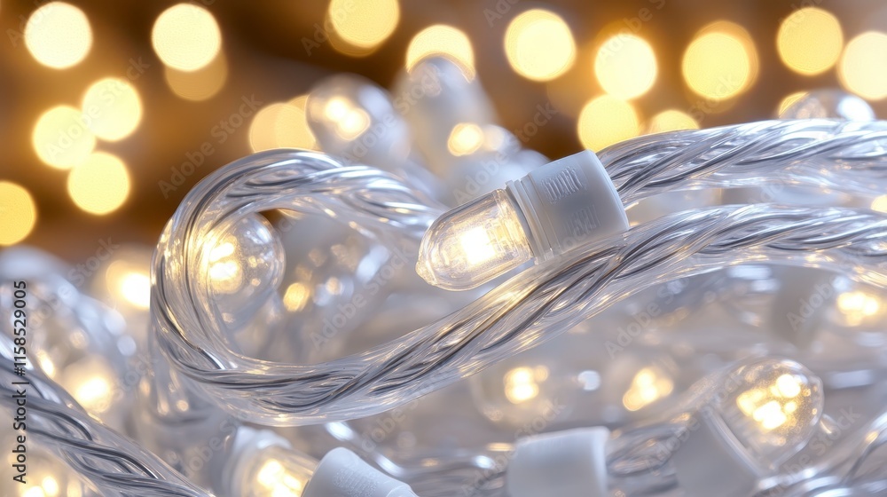 Poster a close-up of warm, glowing string lights tangled together, creating a cozy and enchanting atmospher