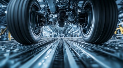 Fototapeta premium Airplane wheel compartment with mechanical components and hydraulic systems, essential for safe landing and takeoff. Precision engineering and aviation safety concepts.
