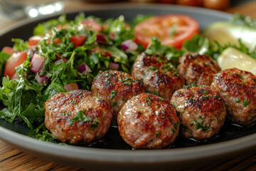 Meatballs with Tomatoes and Parsley Garnish on Bed of Greens, Close-Up View, Healthy Restaurant Setting for Food Photography