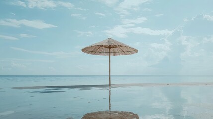 Solitary straw beach umbrella on calm sea.