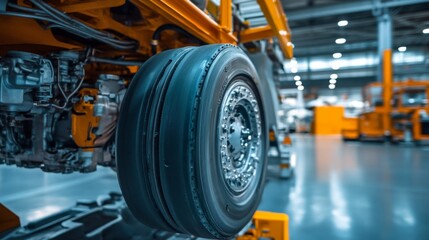 Airplane wheel compartment with mechanical components and hydraulic systems, essential for safe landing and takeoff. Precision engineering and aviation safety concepts.