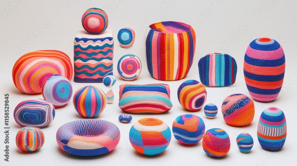 Poster a vibrant collection of decorative stones, intricately wrapped in colorful yarn, showcasing unique s