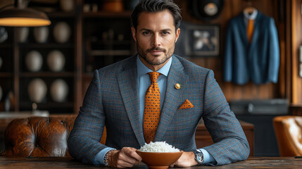 Man Seated at Rustic-Modern Bar, Wearing Patterned Suit and Holding Bowl of Nuts or Olives