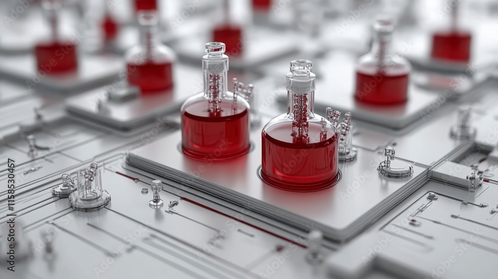 Poster abstract composition featuring glass flasks filled with red liquid on a gray, tech-inspired backgrou