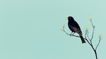 Fototapeta premium Blackbird perched on a branch with budding leaves against a light blue background.