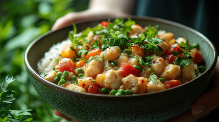 Shrimp Poke Bowl with Fresh Garnishes, Blurred Background for Healthy or Asian-Inspired Cuisine Advertisements