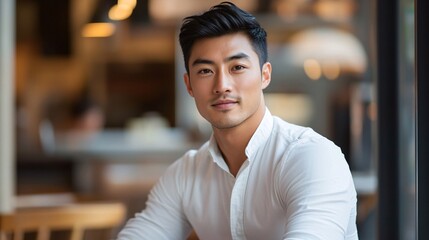 Fototapeta premium Handsome asian freelancer working remotely from a modern cafe