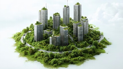 Fototapeta premium A futuristic cityscape featuring tall buildings enveloped in greenery, symbolizing sustainable urban living.