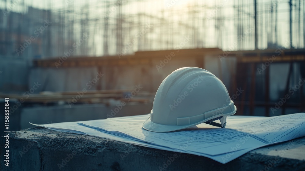 Fototapete a hard hat rests on top of blueprints at a construction site during sunset. the skeletal structure o
