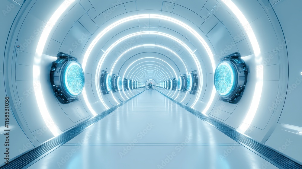 Aufkleber a futuristic tunnel illuminated with blue lights, featuring circular windows that create a sci-fi at