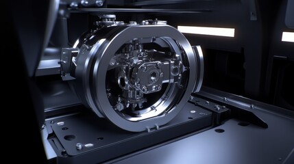 Fototapeta premium Airplane wheel compartment with mechanical components and hydraulic systems, essential for safe landing and takeoff. Precision engineering and aviation safety concepts.