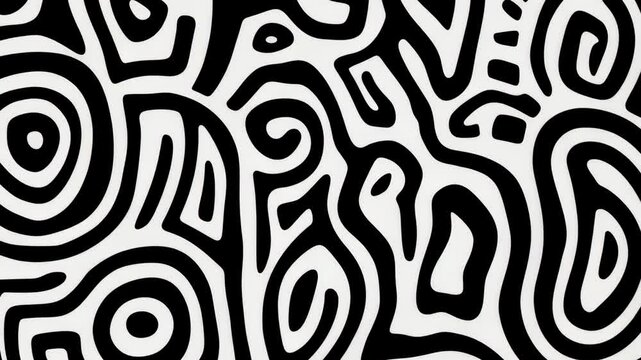 Vibrant abstract pattern featuring black and white swirling lines, organic shapes, and circular elements in a modern design