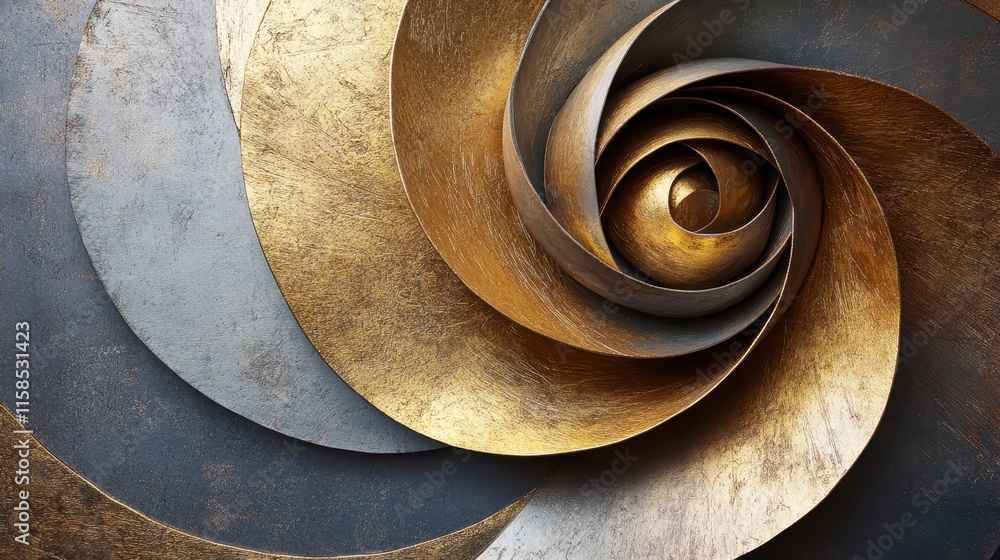 Poster a close-up of spiraled metallic layers in gold and silver tones, creating a visually captivating abs