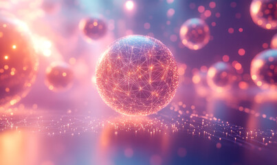 A neural network visualization showing quantum algorithms as luminous, interconnected geometric shapes floating in a dark technological space