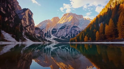 Breathtaking autumn mountain lake with crystal-clear water, vibrant foliage reflections, and serene forest surroundings perfect for travel, adventure, and nature-themed projects