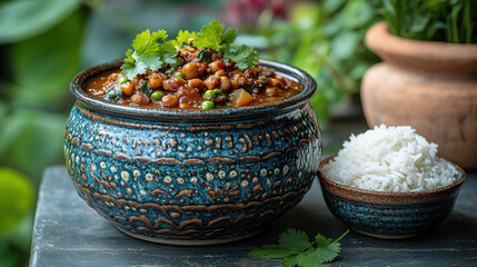 Indian Curry Bowl on Wooden Table, Blue with Meat and Cilantro, Served with White Rice