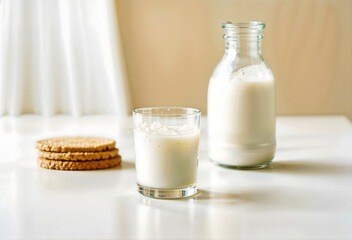 A glass of milk is next to a milk carton