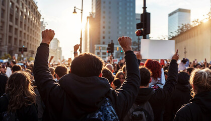 A large crowd of people are protesting in the street
