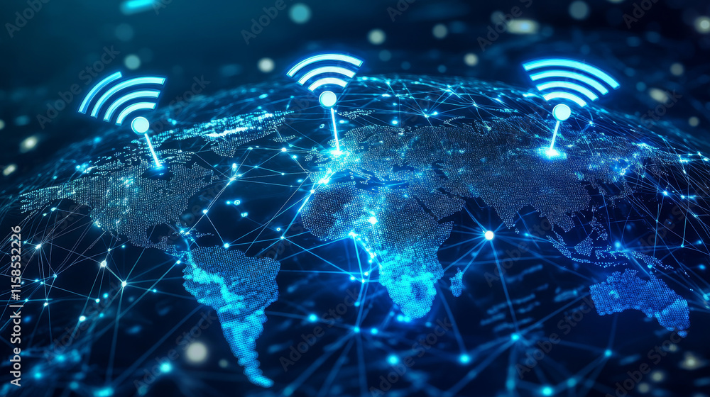 Poster abstract world map point 5g holographic network wireless internet wi-fi connection and internet of g