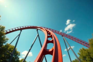 Close-up of a rollercoaster track sharply curving against a clear blue sky, capturing the excitement and thrill of amusement park rides. Dynamic and adventurous theme park concept.